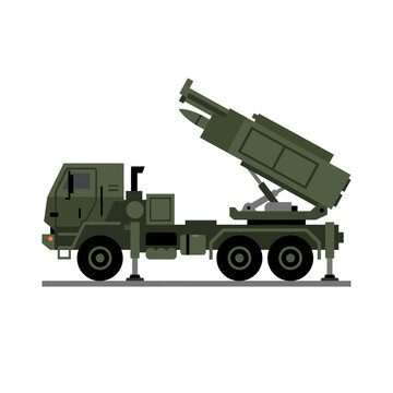Flat minimal icon of missile launcher vehicle with deployed outriggers, side view.