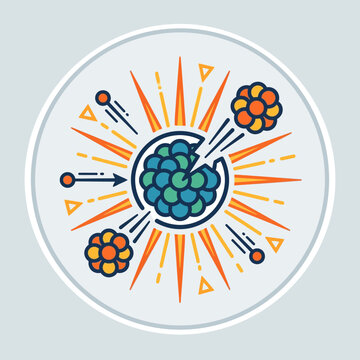 Flat minimal icon of nuclear fission with split atom and energy lines