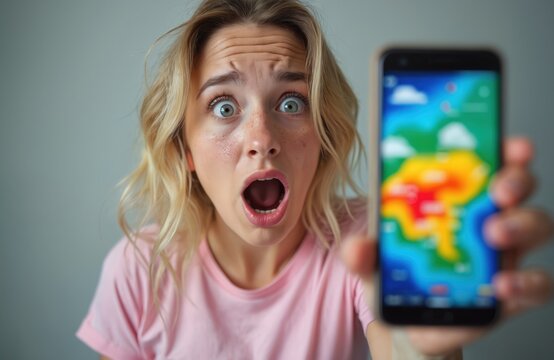 Woman shows phone screen with weather map with bad forecast. She looks scared with wide open mouth. Mobile forecast app display. Extreme weather alert.
