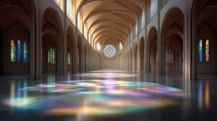 Obraz premium Serene interior of expansive hall with colorful light reflections from stained glass windows illuminating the polished floor under soft sunlight