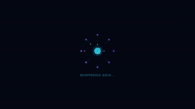 Futuristic UI loading animation processing data and completing synchronization with Indonesian text