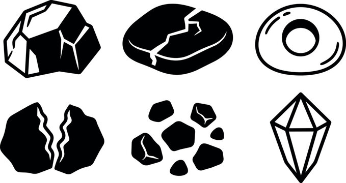 Black and white flat design cracked and solid rock stones with crystal gem shapes