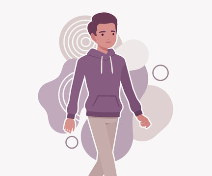 A relaxed young man walks forward with a slight smile against a decorative abstract background. Professional flat vector character illustration for urban lifestyle, everyday routine, and casual motion