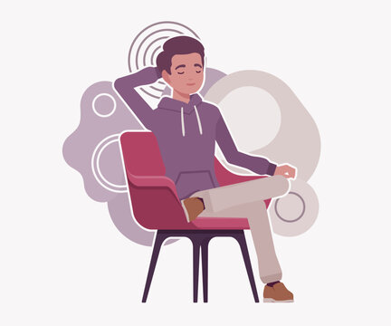 Young man relaxes in a red armchair with hands behind his head and closed eyes against abstract shapes. Professional flat vector illustration for wellness and mental health website concepts layout
