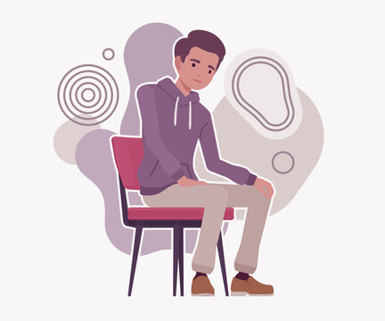 Unhappy young man sits on a chair looking down with a sad expression against an abstract background. High quality flat vector illustration for psychological support and mental health topics design