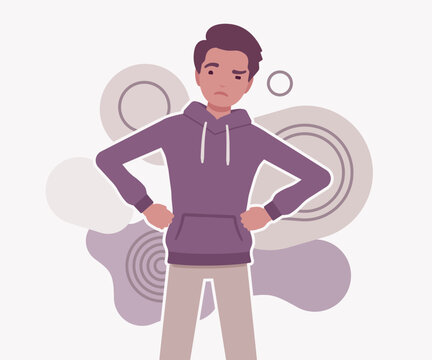 Skeptical young man standing with hands on hips and an annoyed facial expression against abstract background. High quality flat vector illustration for criticism and negative feedback concepts art