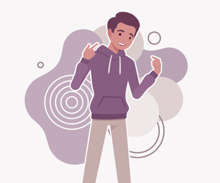 Happy young man pointing at himself with thumbs and a proud smile against an abstract decorative background. Professional flat vector illustration for self-esteem and achievement web projects art