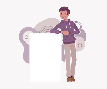 Friendly young man leans relaxed on a blank white vertical presentation board for your text. Professional flat vector illustration with abstract shapes for marketing and advertising project artworks
