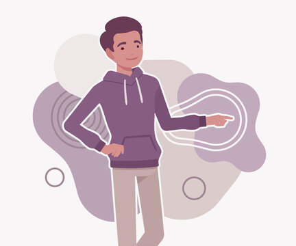 Friendly young man standing and pointing his index finger to the side at empty copy space for text. Professional flat vector illustration for navigation, advertising, and directions themed art concept