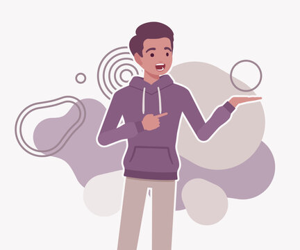 Excited young man pointing to his open palm while presenting an invisible object or product for sale. High quality flat vector illustration for marketing, special offers, and business promotions today
