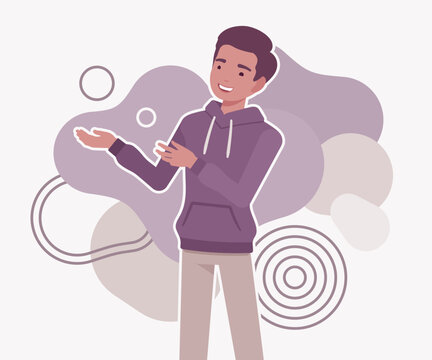 A cheerful young man in a purple hoodie gestures with open palms while smiling. Professional flat vector illustration for friendly customer support and welcoming concept website header artworks