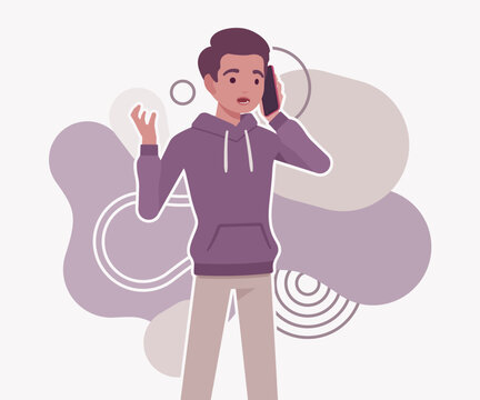 An expressive young man talking on a mobile phone with a surprised face against abstract shapes. High quality flat vector character illustration for social media and digital communication topics