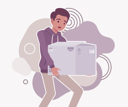 A young man struggling to lift and carry a heavy cardboard delivery box against abstract background. High quality flat vector illustration for moving house, delivery service, and courier concepts