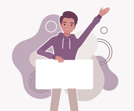 A happy young man waving his hand while holding a horizontal blank white sign for your text. Professional flat vector illustration for welcoming announcements and promotional advertising projects