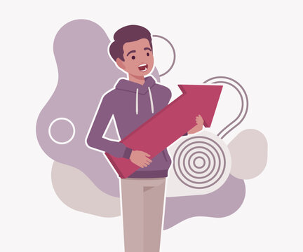 Joyful young man holding a large red arrow pointing upwards to symbolize growth and success. High quality flat vector illustration for business motivation, career progress, and analytics reporting