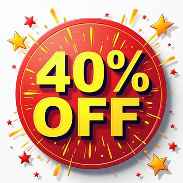 Red round sticker shows forty percent off in yellow letters. Bright graphic for sales and special offers. Use for retail promotions and discounts. Best for advertising. Buy now.