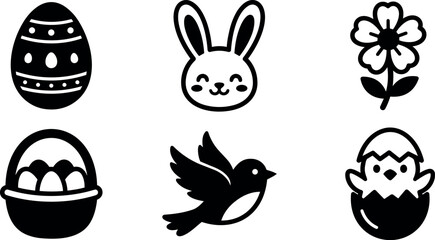 Fototapeta premium Black and white easter icons with egg basket bunny flower bird and chick