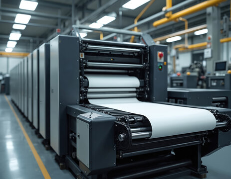 Large industrial printing press machine in a factory. Automated equipment produces paper sheets for commercial use. Manufacturing facility with production line technology.
