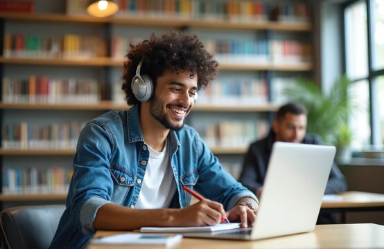 Young man with headphones smiles while studying at laptop in library. He writes notes in copybook with pen. Student learns new skills, attends virtual lecture online.