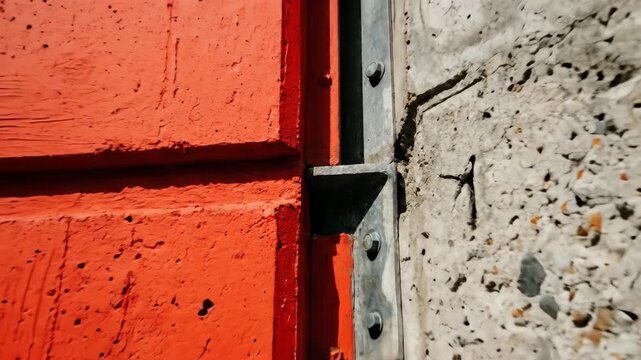 A dramatic close-up detail of a contemporary building's red-painted concrete facade, the vivid vermillion color capturing the light intensely against sections of raw natural grey concrete, the surface