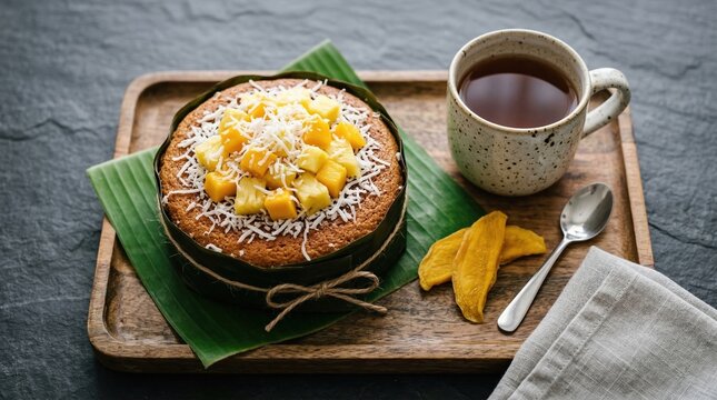Filipino bibingka rice cake topped with tropical fruits served with tea