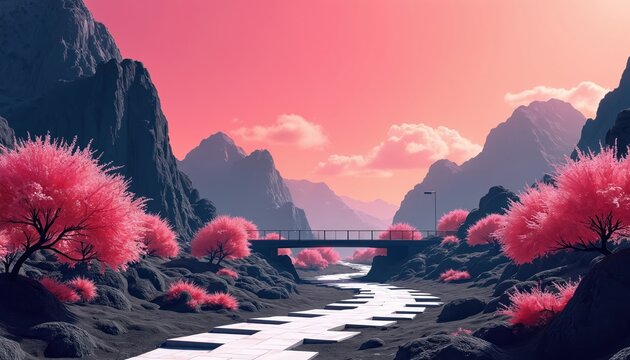 Surreal mountain valley landscape with bright pink trees, winding path of white stones. Bridge crosses dry riverbed under vibrant pink sky with soft clouds. Scene offers dreamlike, fantastical