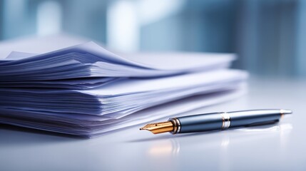 Fototapeta premium Professional Desk Scene with a Stack of Papers and a Luxury Pen in Soft Focus Showing Office Environment and Creative Workspace Background