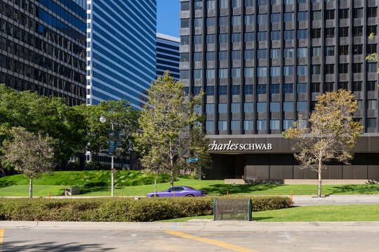 Century City, Los Angeles, California, USA - July 6, 2022: The Charles Schwab branch at 1900 Avenue of the Stars, Century City, Los Angeles, CA, USA. Charles Schwab is a brokerage firm. 