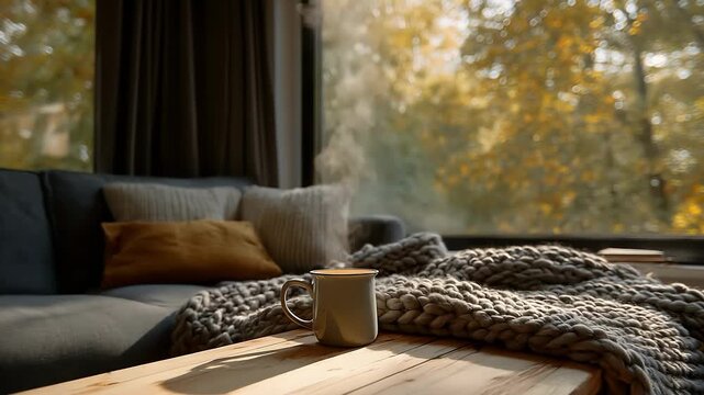 Cozy living room morning scene with a steaming mug on a wooden table, chunky knit blanket, soft cushions, warm autumn light streaming through a window