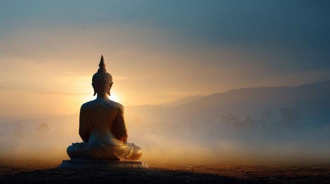 Serene Buddha Statue at Sunrise Surrounded by Mist and Mountains with Soft Light in Tranquil Landscape Evoking Peace and Reflection