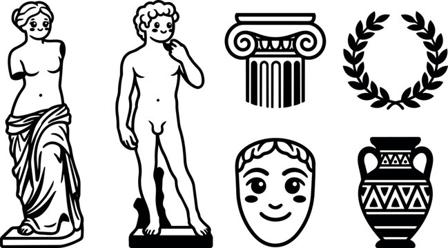 Black and white classical greek statue venus de milo david column laurel wreath pottery face illustration
