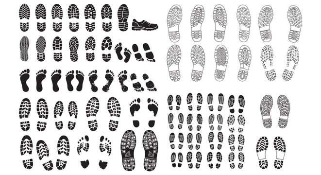 Collection Of Shoe Prints And Footprints Patterns Showing Various Soles, Tracks And Footsteps