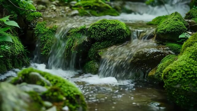 Vibrant forest stream with moss-covered rocks and a gentle cascade, lush greenery, and tranquil water&mdash;a serene nature landscape ideal for stock photography