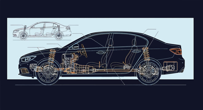 Automotive Blueprint Cutaway of Modern Sedan Showing Engine, Drivetrain and Suspension Systems