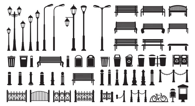 Black Silhouettes of Street Furniture: Benches, Lamp Posts, Trash Bins, Bollards and Decorative Fences