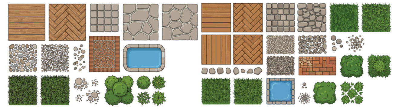 Top View Garden Textures and Tiles Set With Pool, Grass, Stones, Paving and Shrub Elements