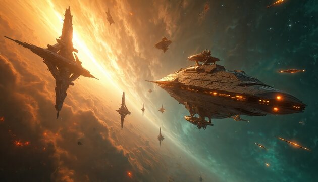Massive alien starships gather in orbit around a planet, vast clouds glow orange. Futuristic fleet moves in deep space, cosmic armada navigates nebula, intergalactic journey.