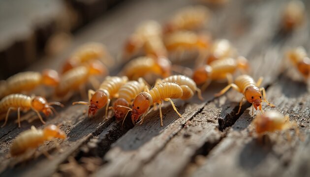 Many pale termites swarm on weathered wood planks. Tiny insects with orange heads and segmented bodies crawl on aged timber. Close-up macro view shows pest infestation on decaying material.