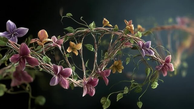 Delicate floral wreath of braided vines with purple, pink, and yellow blossoms floats against a dark, blurred backdrop, evoking whimsy, nature, and elegant botanical design