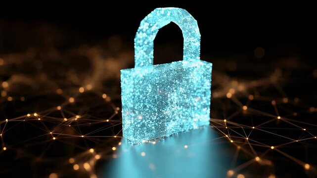 Futuristic glowing padlock made of particles rests on a dark, networked backdrop, symbolizing cybersecurity, data protection, and digital security
