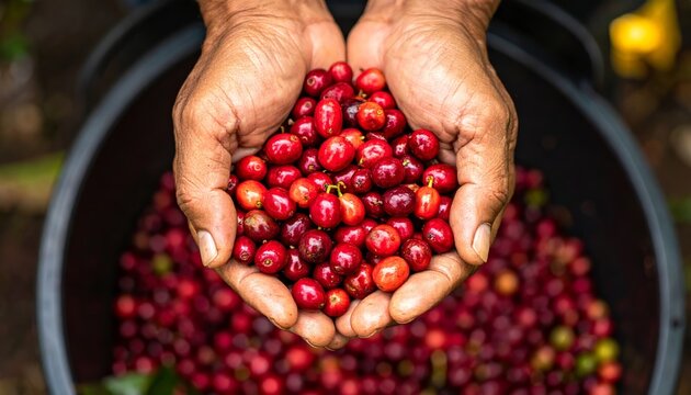 Hands holding fresh red coffee cherries harvest