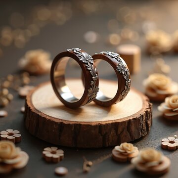 Two ornate wooden wedding rings with floral carvings sit on wooden slice. Delicate flower decorations surround pair, suggesting natural, romantic union. Perfect for marriage announcements jewelry ads.