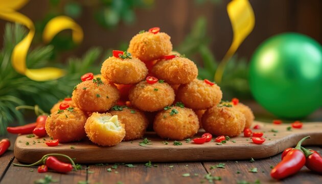 Golden fried croquettes stacked high on wooden board. Served with fresh parsley and sliced red chilies. Festive green balloon and yellow ribbon in background.