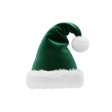 Vibrant forest green velvet elf hat with plush white faux-fur trim and a fluffy pom-pom resting against a transparent background, joyful holiday spirit atmosphere