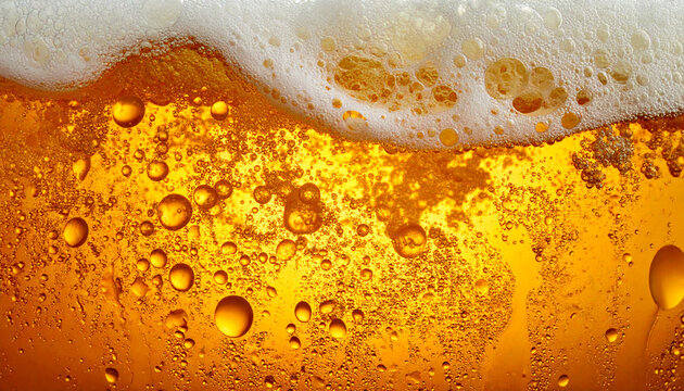 Extreme close-up of beer bubbles and foam on golden abstract background, sizzling fresh lager.