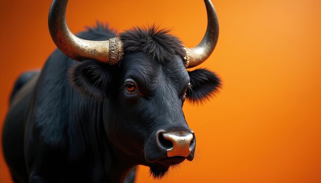 Close-up portrait of powerful black bull with golden horns and decorative headwear against bright orange backdrop. Majestic mammal shows strength, wild nature and striking contrast.