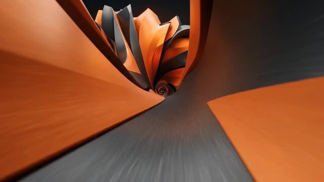 A bold abstract composition of orange and black geometric shapes flowing symmetrically across the frame, strong contrast and smooth gradients creating dynamic depth and visual clarity, cinematic