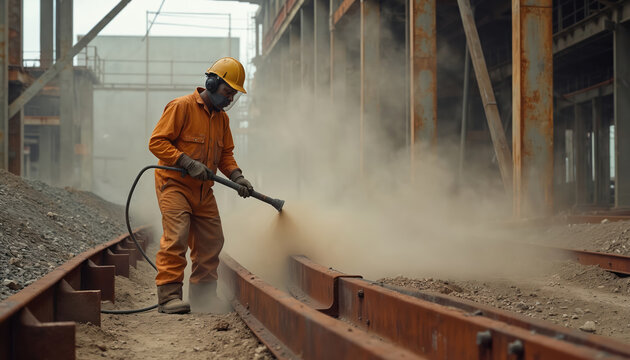 Worker in orange suit uses sandblaster to clean rusty metal beams. Dust clouds rise during abrasive cleaning process. Man wears helmet headphones and face mask for safety.