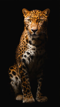 Spotted big cat sitting against black background