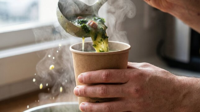 Pouring Hot Caldo Verde into Eco Cup at Brazilian Street Festival
